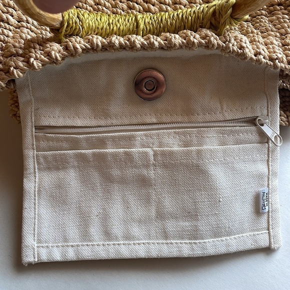 Macrame Woven Twine Handbag Tan Yellow Wood Handle Boho Natural Rope Rattan - Picture 8 of 14